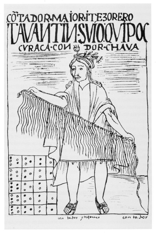 Dibujo del antiguo Perú de un personaje extendiendo un quipu